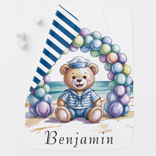Nautical Teddy Bear Beach Boy Baby Shower Blanket (In Situ)