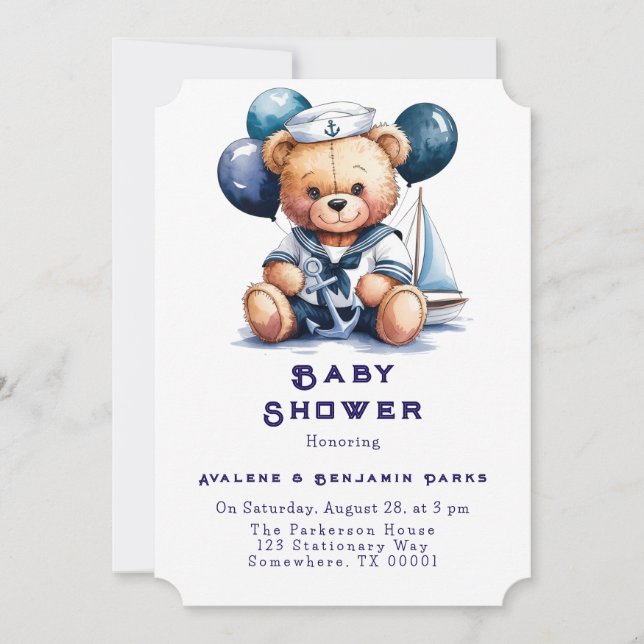 Nautical Teddy Bear Delight Boy Baby Shower Invitation (Front)