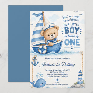 Nautical Teddy Bear Sailboat 1st Birthday Invitation