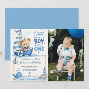 Nautical Teddy Bear Sailboat 1st Birthday Photo Invitation
