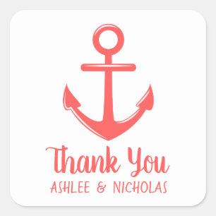 Nautical Thank You Anchor Pink Red Coral Wedding Square Sticker