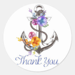 Nautical Thank You Boat Anchor Floral Blue Classic Round Sticker