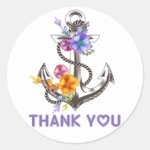 Nautical Thank You Boat Anchor Floral Purple Classic Round Sticker