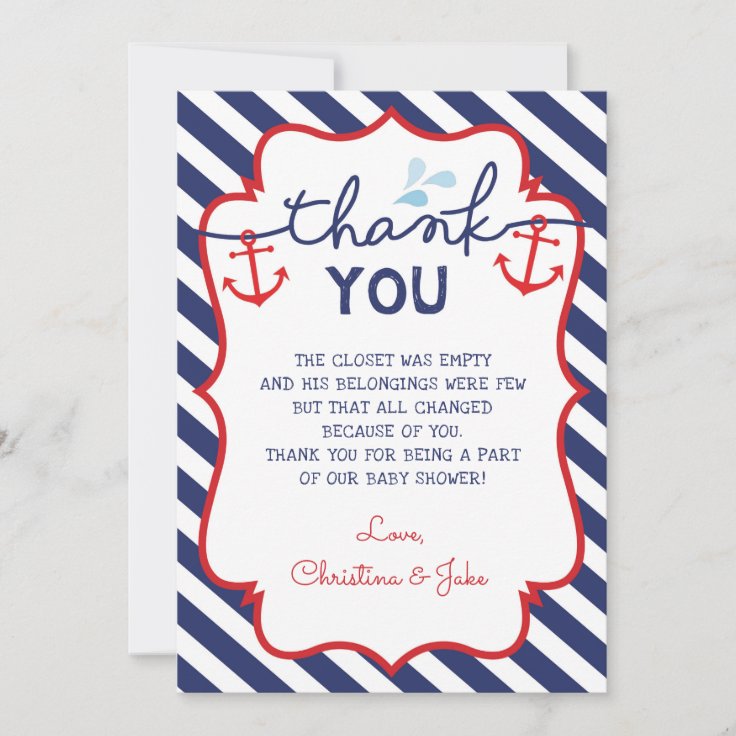 Nautical Thank You Card Baby Shower Birthday Navy Zazzle