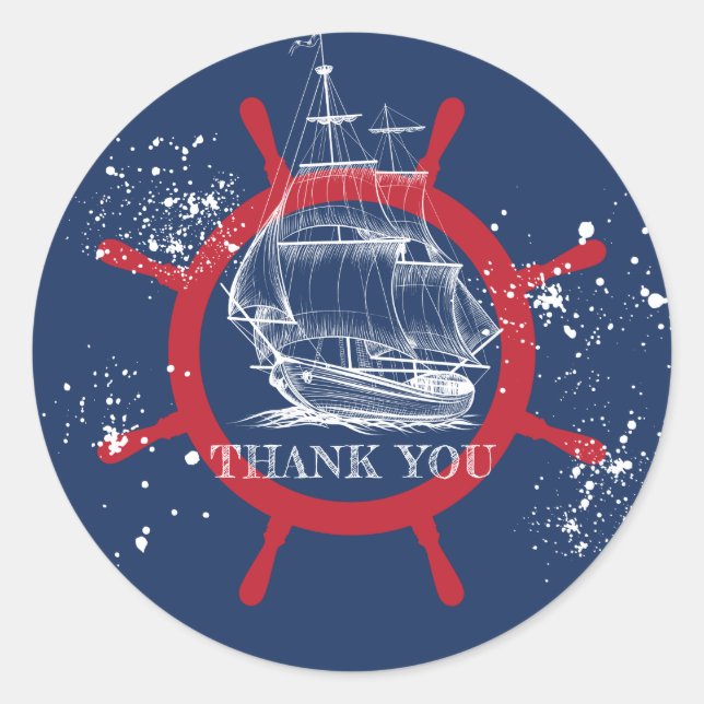 Nautical Thank you Favor Blue Classic Round Sticker (Front)