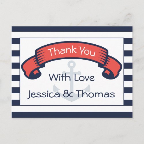 Nautical Thank You Navy Blue Stripe Anchor Wedding Postcard