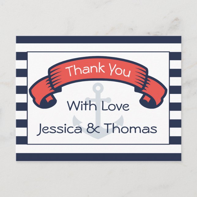 Nautical Thank You Navy Blue Stripe Anchor Wedding Postcard (Front)