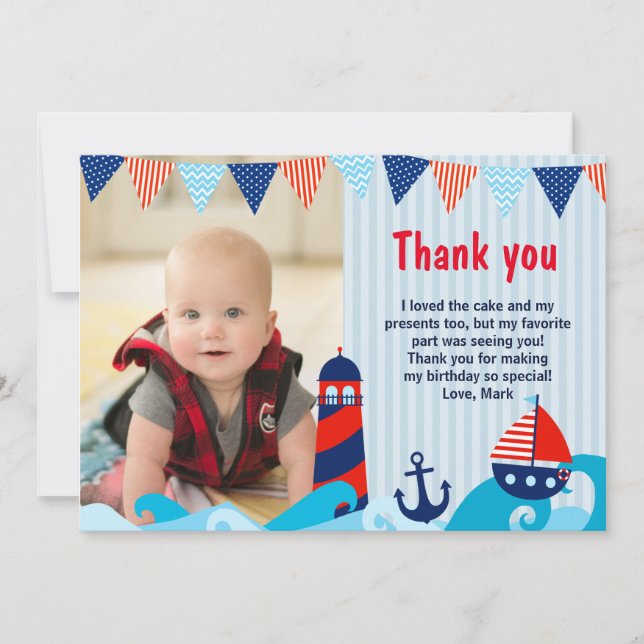 Nautical Thank You Note Boy Birthday Red Blue Card (Front)