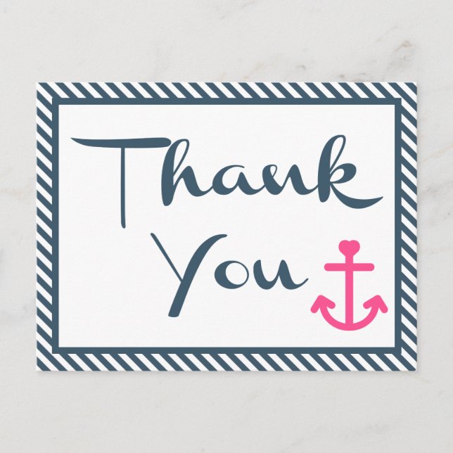 Nautical Thank You Pink Anchor Navy Blue Stripes Postcard (Front)