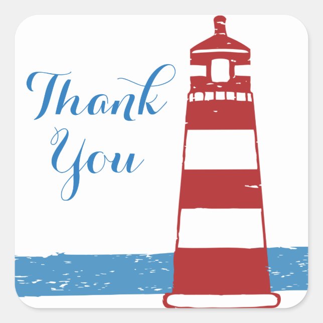 Nautical Thank You Red Lighthouse Blue Ocean Square Sticker (Front)