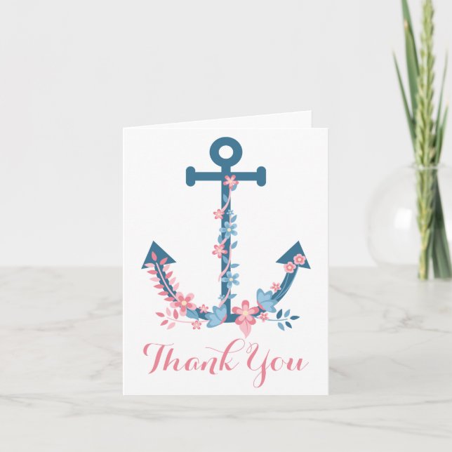 Nautical Thank You Ship Anchor Pink & Blue Floral (Front)
