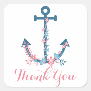 Nautical Thank You Ship Anchor Pink Blue Flowers Square Sticker