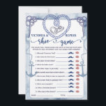 Nautical The Shoe Game Bridal Shower Wedding Card<br><div class="desc">The Shoe Game Bridal Shower Template, Fun Wedding Party Game, Printable Bride and Groom Quiz, Add laughter and love to your bridal shower or wedding party with The Shoe Game, a fun, interactive activity that guests adore! The bride and groom sit back-to-back and answer sweet and silly questions by raising...</div>
