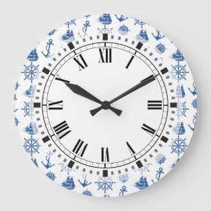 Nautical Theme Anchor Blue and White Large Clock