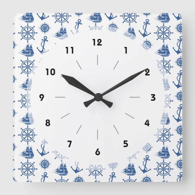 Nautical Theme Anchor Blue and White Square Wall Clock (Front)