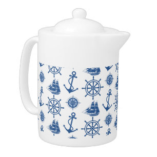 Nautical Theme Anchor Blue and White Teapot