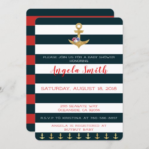 Nautical Theme Baby Shower Anchors Away Striped Invitation