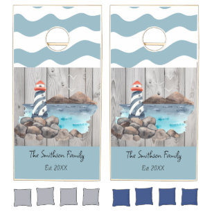 Nautical theme beach house seaside lighthouse cornhole set