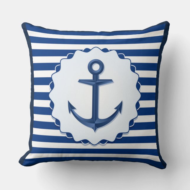 Nautical Theme Blue White Anchor Marine Stripe  Throw Pillow (Front)