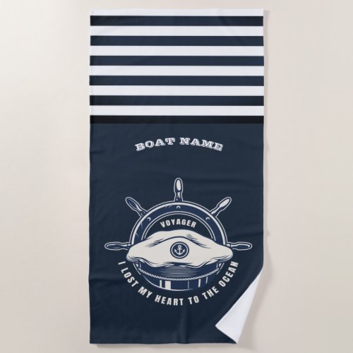 Nautical Theme Boat Name Navy Blue Stripe Beach Towel