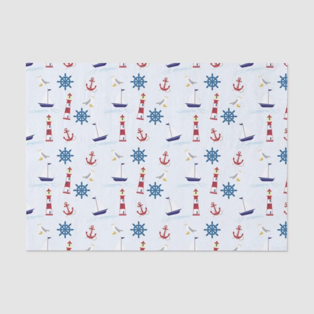 Nautical Theme Boats, Anchors and Lighthouses Blue Tissue Paper (Front)