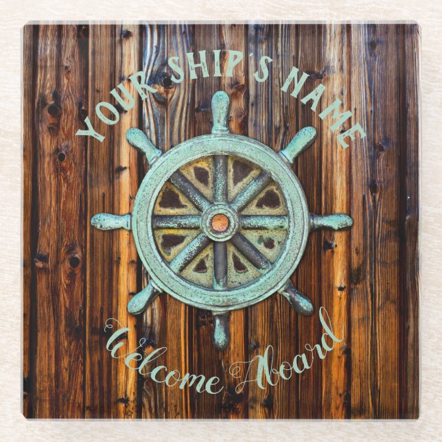 Nautical Theme Bronze Captains Wheel Glass Coaster (Front)