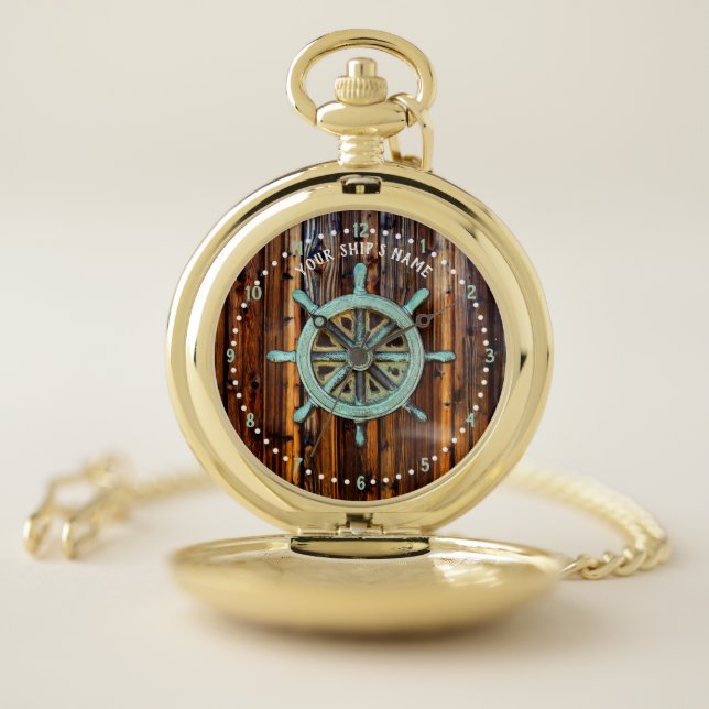 Nautical Theme Bronze Captains Wheel Pocket Watch (Inside)