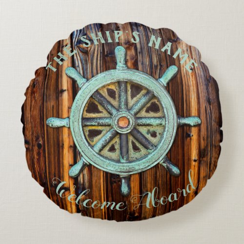 Nautical Theme Bronze Captains Wheel Round Pillow