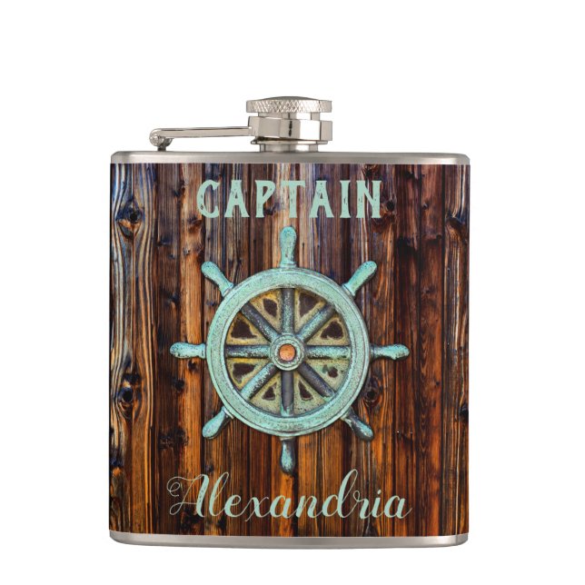 Nautical Theme Bronze Captains Wheel Small Flask (Front)