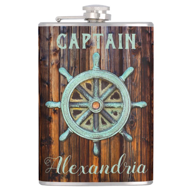 Nautical Theme Bronze Captains Wheel Tall Flask (Front)
