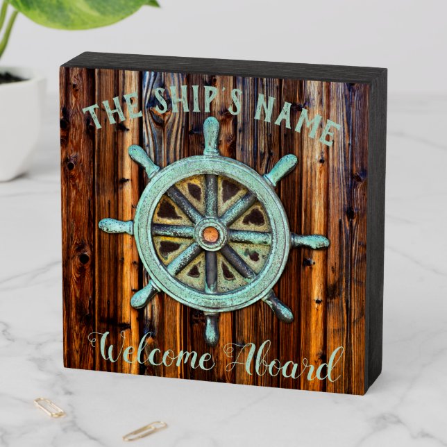 Nautical Theme Bronze Captains Wheel Wooden Box Sign (In Situ Horizontal)