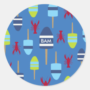 Nautical Theme Buoy and lobster monogrammed Classic Round Sticker