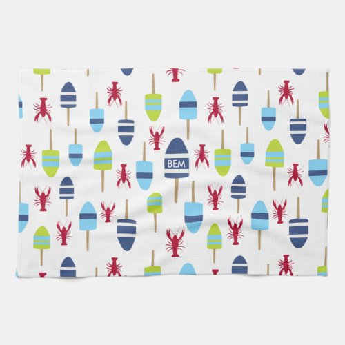Nautical Theme Buoy and lobster monogrammed Kitchen Towel