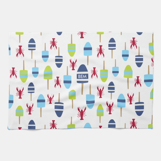 Nautical Theme Buoy and lobster monogrammed Kitchen Towel (Horizontal)
