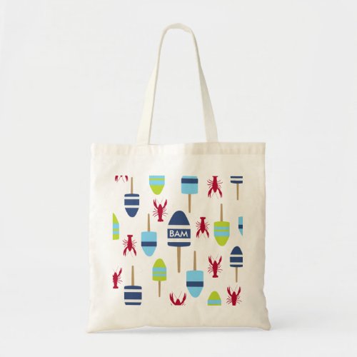 Nautical Theme Buoy and lobster monogrammed Tote Bag