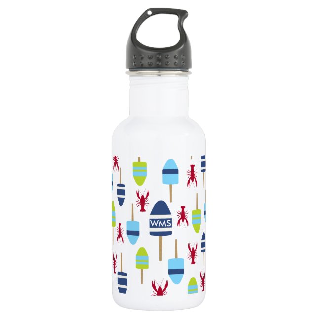 Nautical Theme Buoy and lobster monogrammed Water Bottle (Front)