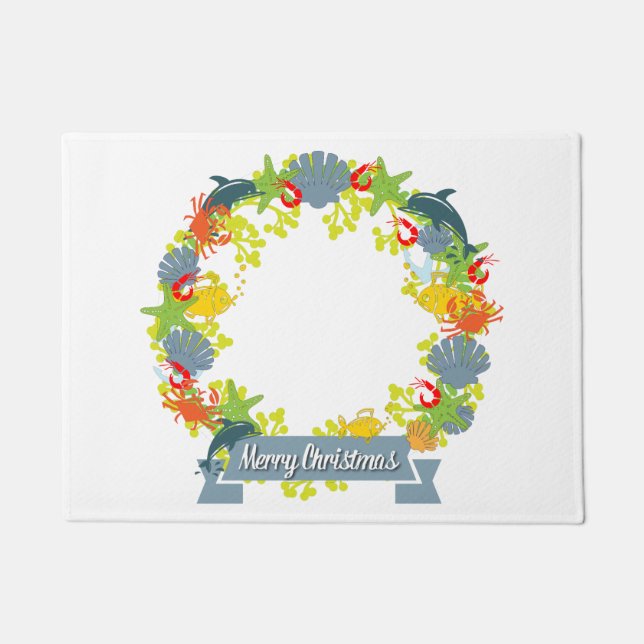 Nautical Theme Christmas Wreath Doormat - Coastal (Front)