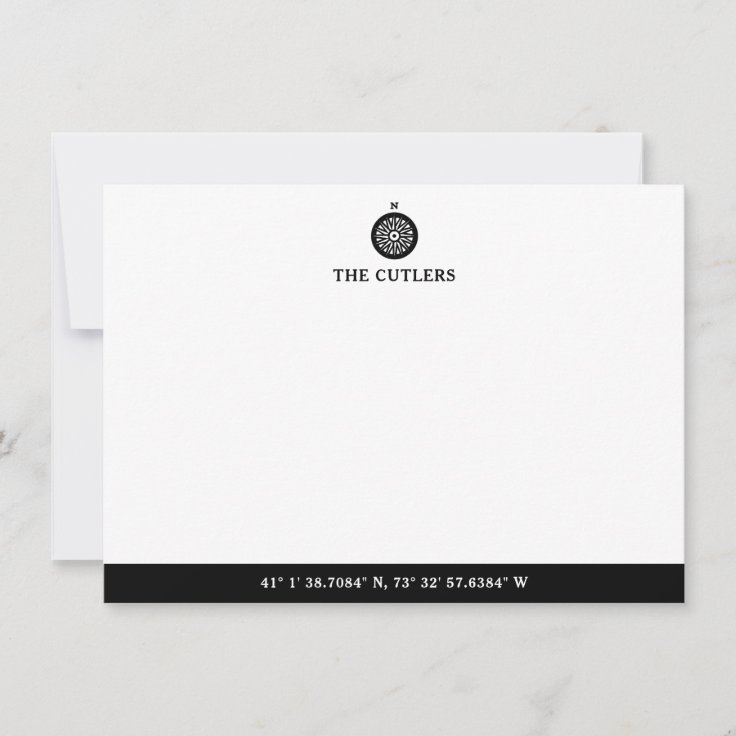Nautical Theme Compass, Black, Personalized Note Card Zazzle