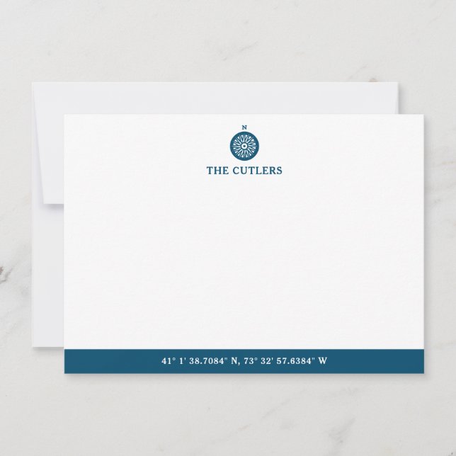 Nautical Theme Compass, Blue, Personalized Note Card (Front)