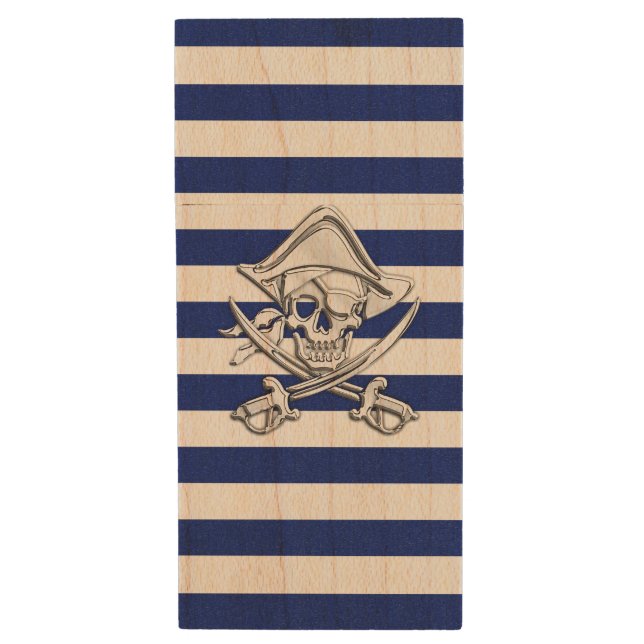 Nautical Theme Crossbones Pirate Design Wood Flash Drive (Front Vertical)