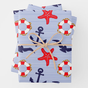 Nautical Theme - Lifebuoy, Starfish, Anchor Wrapping Paper Sheets