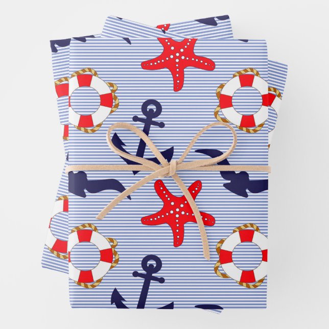 Nautical Theme - Lifebuoy, Starfish, Anchor Wrapping Paper Sheets (In situ)