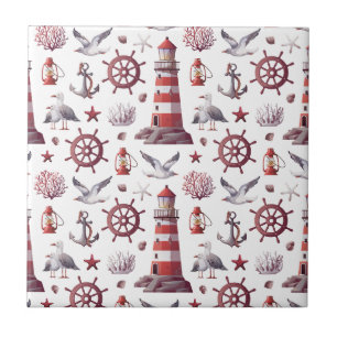 Nautical Theme - Lighthouse, Coral, Marine Life Ceramic Tile
