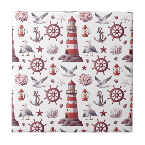 Nautical Theme _ Lighthouse Coral Marine Life Ceramic Tile