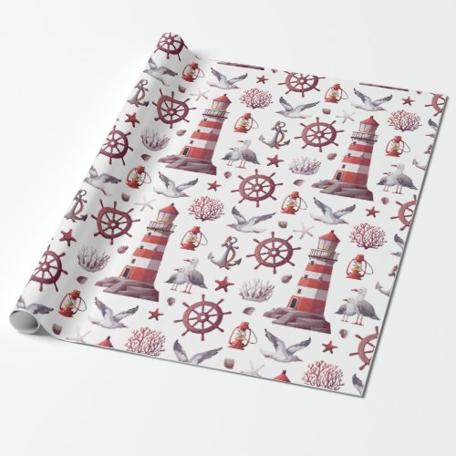 Nautical Theme _ Lighthouse Coral Marine Life Wrapping Paper