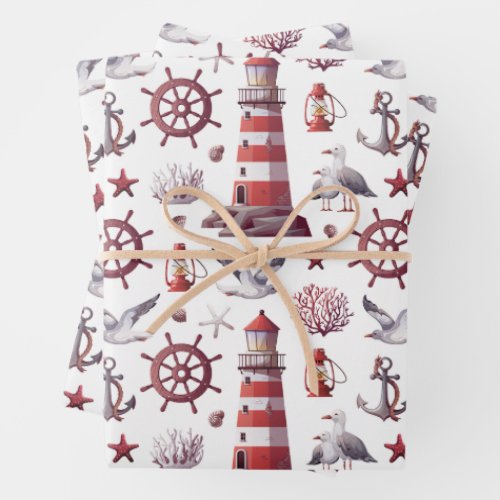 Nautical Theme _ Lighthouse Coral Marine Life Wrapping Paper Sheets