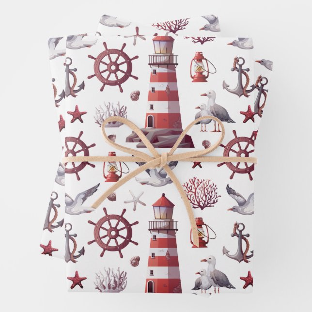 Nautical Theme - Lighthouse, Coral, Marine Life Wrapping Paper Sheets (In situ)