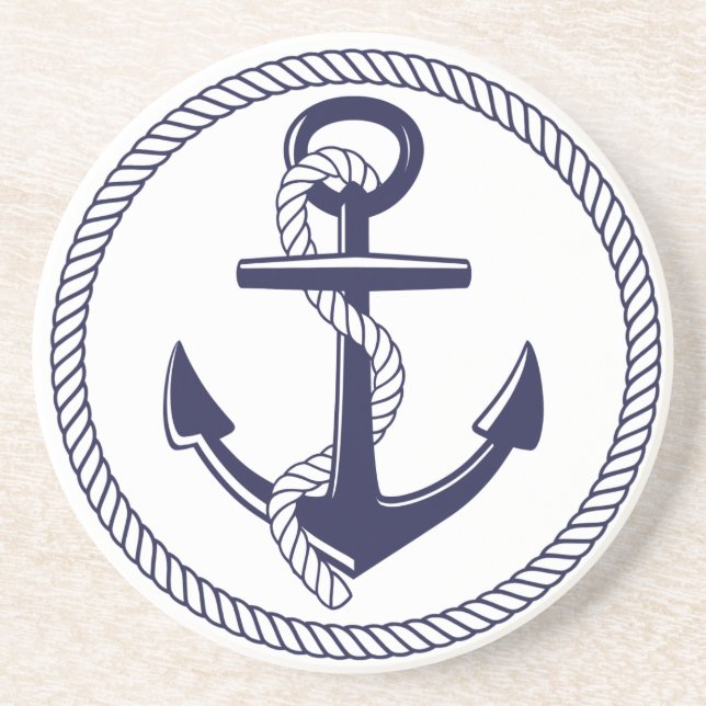 Nautical Theme Navy Blue Anchor Rope Circle Coaster (Front)