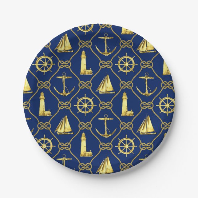 Nautical Theme Navy Blue Gold Anchor Lighthouse Paper Plates (Front)