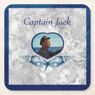 Nautical-theme Navy Blue Photo Shells Watercolor Square Paper Coaster